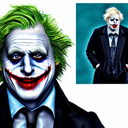 Image similar to boris johnson as the joker, super villain, dc comics, marvel, photorealistic, villain, 8 k