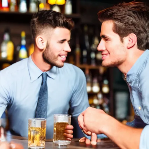 Prompt: a very handsome young man who is flirting with another very handsome young man at a bar