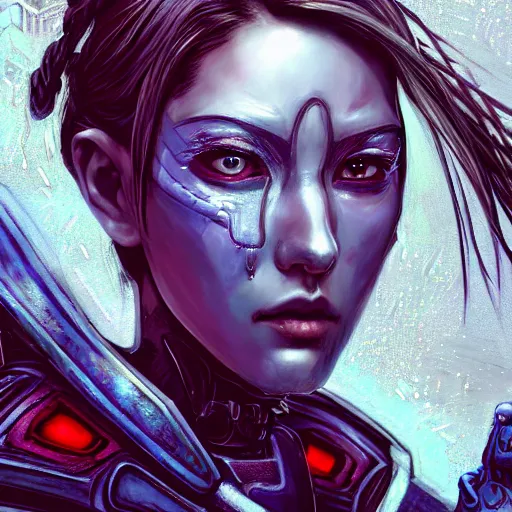 Prompt: An epic fantastic ultrarealism comic book style portrait painting of a female cyberpunk armor samurai, tzuyu ultradetailed face by Artgerm, blue and ice silver color armor, cyberpunk feel raining at tokyo rooftop, Concept world Art, unreal 5, DAZ, 8k, hyperrealistic, octane render, cosplay, RPG portrait, final fantasy artwork concept, dramatic lighting, rim lights