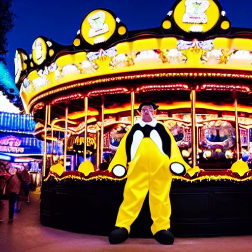 Prompt: photograph of walter white in a penguin costume standing in front or a carousel in disneyland, dark, ominous lights