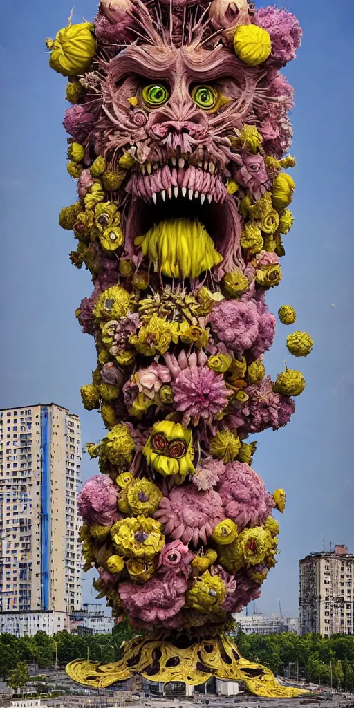 Prompt: colossal grotesque Beelzebub flower made from angry smiles in the middle of post soviet constructivist cityscape, Stalinist architecture, ultradetailed, Intricate by Hayao Miyazaki and Josan Gonzalez and Makoto Shinkai and Giuseppe Arcimboldo and MC Esher and Wes Anderson