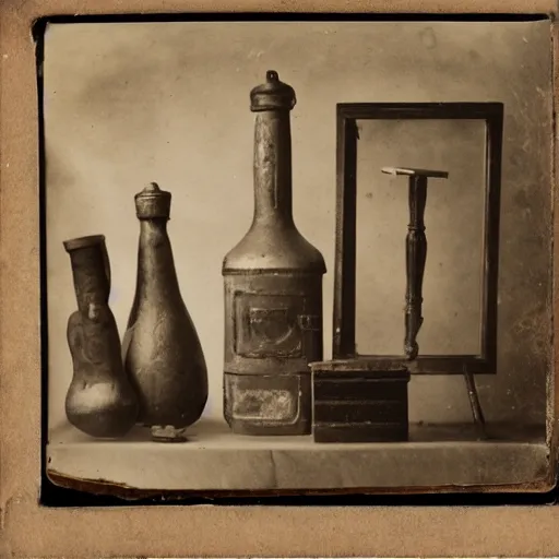 Image similar to Tintype photograph of objects displayed in an ethnographic museum, primitive display, anthropology of wonder, in the style of Marcel Duchamp, found objects, ready-made, 1920s studio lighting.