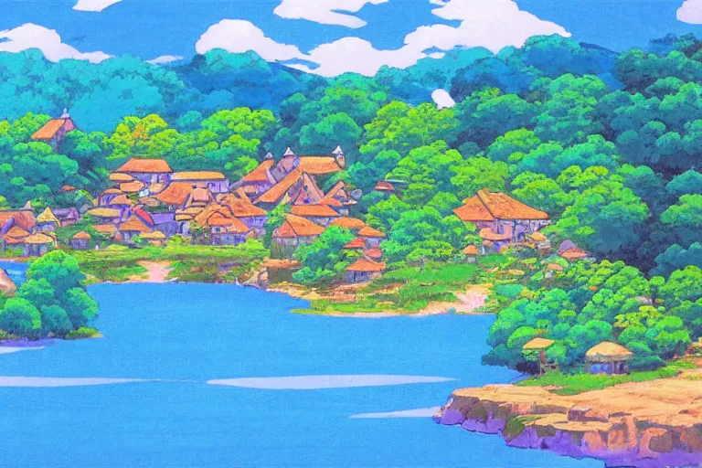 Prompt: landscape of peaceful village with azure blue lake, studio ghibli, anime background, gouche painting, lively colors