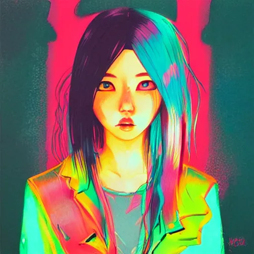 Prompt: Neonpunk girl, painting by Hiroyuki-Mitsume Takahashi