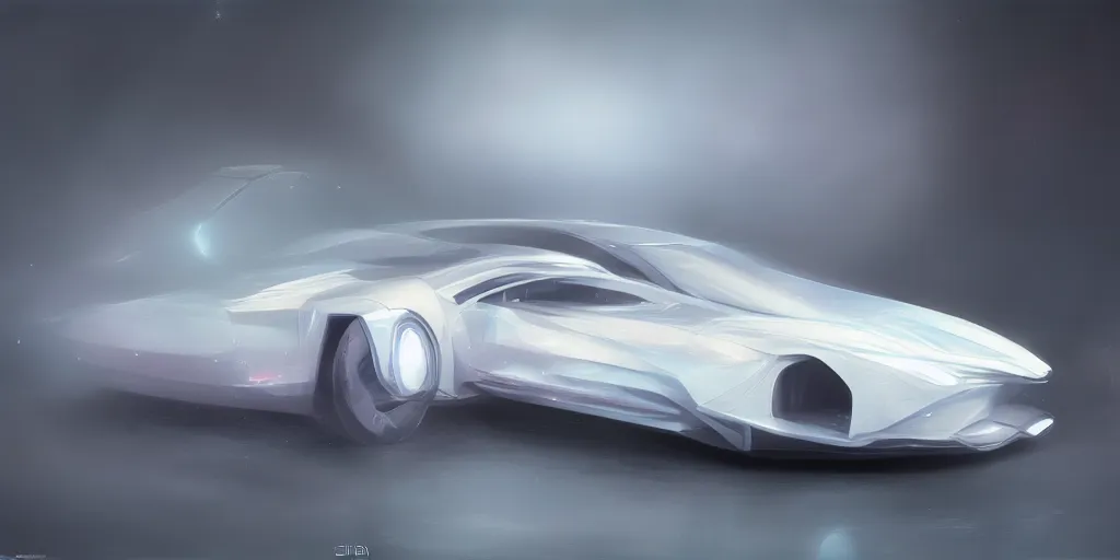 Image similar to full view of a car, painted in white holographic pearlescent, elegant, digital painting, concept art, smooth, sharp focus, art style from Wang Ke and Greg Rutkowski and Bruce Kaiser and Scott Robertson and Dmitry Mazurkevich and Doruk Erdem and Jon Sibal, small style cue from Blade Runner