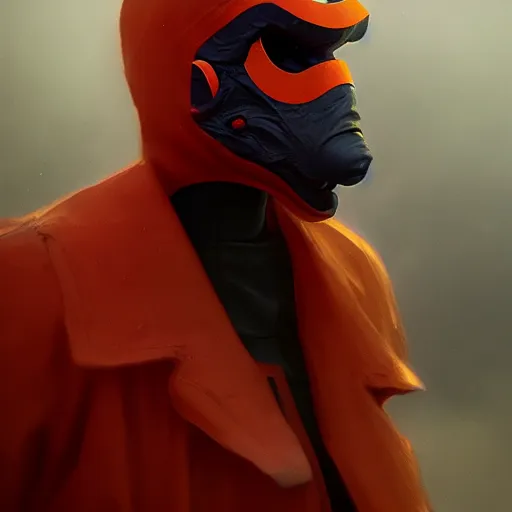 Prompt: villain wearing a red oni mask, orange jacket, dark background, unreal engine 5, ultra realistic, detailed, fog, volumetric lighting, by greg rutkowski,