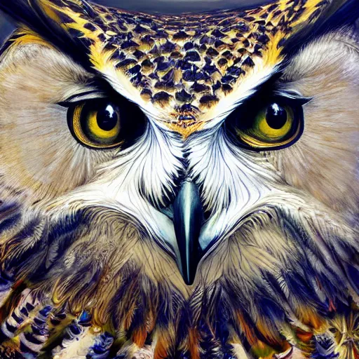 Image similar to a eagle owl painting by Android Jones and M. C. Escher collaboration