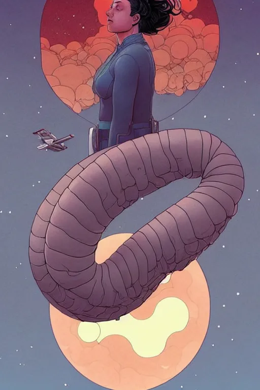 Prompt: comic cover art of a ( very very gigantic worm ) floating in the sky above a metropolitan city, above the viewer, by jenny frison and sana takeda, intricate details, stunning inking lines, flat colors, 4 k, hd, artstation