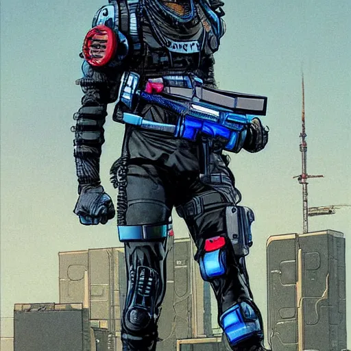 Image similar to Ezekiel. Apex legends cyberpunk spy in stealthsuit. Concept art by James Gurney and Mœbius.