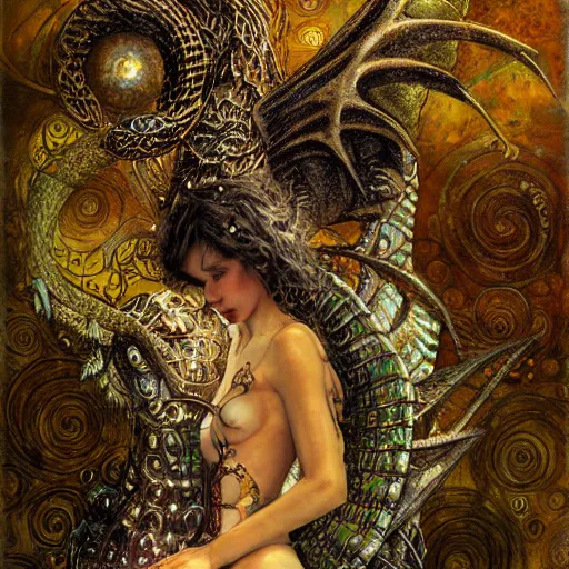 Prompt: cybernetic dragon dreaming in circuitry, intricate detail, klimt, royo, whealan,