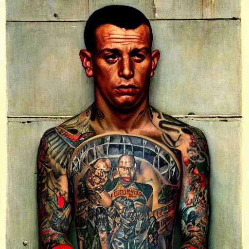 Image similar to A Frontal portrait of a heavily tattooed MS-13 gang member as a prisoner awaiting sentancing. A painting by Norman Rockwell.