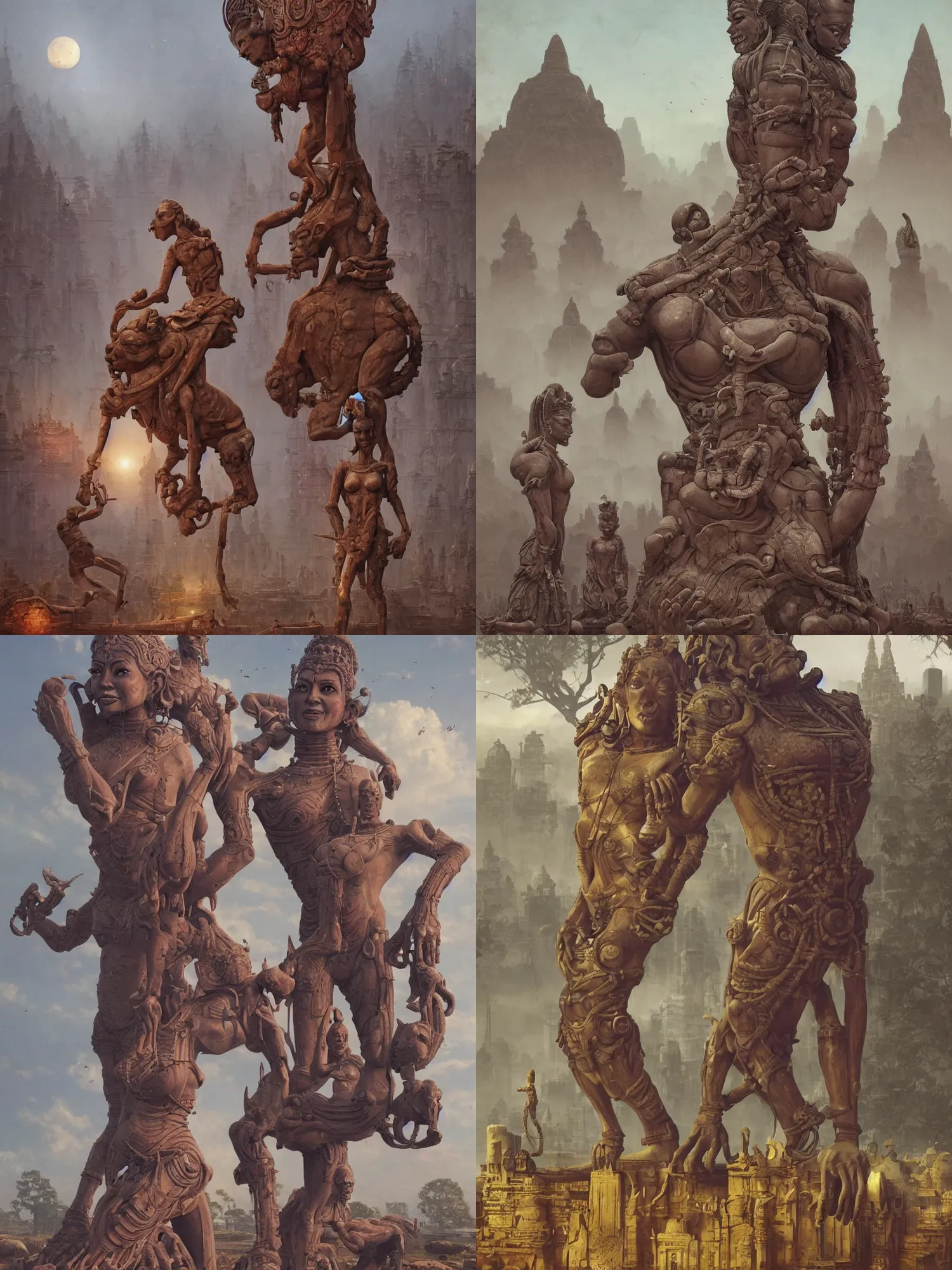 Prompt: Kajuraho sculptures become real beautiful human bodies , photo real, by Simon Stålenhag, by Stanley Artgerm Lau, Greg Rutkowski, Thomas Kinkade ,Alphonse Mucha, Loish, Norman Rockwell ,trending on artstation , rule of thirds, Highly detailed, anatomically correct, dramatic lighting, fashion, oil on canvas