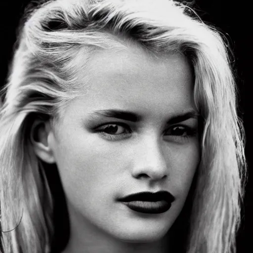 Prompt: black and white vogue closeup portrait by herb ritts of a beautiful female model, latvian, high contrast