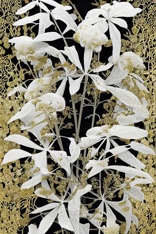 Image similar to herbarium, highly detailed, ( ( fantasy plants ) ), cool white, thin gold details, black background, centered composition, intricate digital painting by denis sarazhin, victo ngai, post processing, color grading