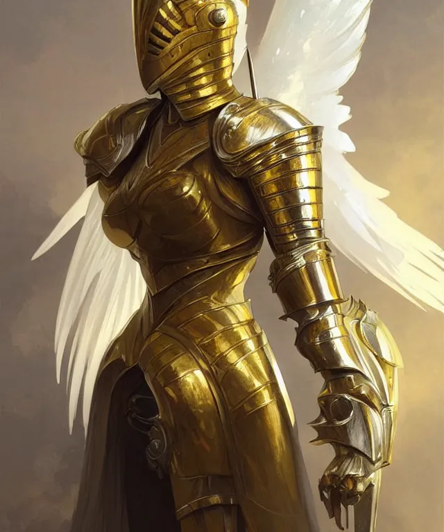 Image similar to Female knight angel in gold and silver armor, highly detailed, digital painting, artstation, concept art, smooth, sharp focus, illustration, art by artgerm and greg rutkowski and alphonse mucha