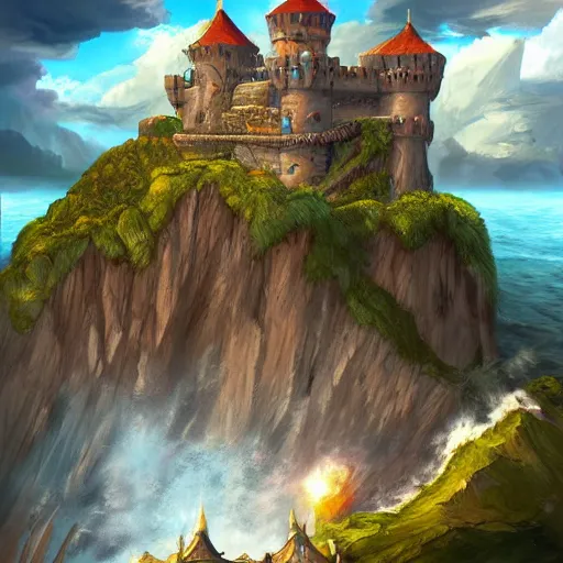 Prompt: a castle on a flying island, an island floating in the sky, clouds background, hearthstone coloring style, epic fantasy style art, fantasy epic digital art, epic fantasy card game art