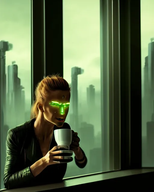 Image similar to a terminator cyborg lady with borg implants and a gorgeous human face is drinking coffee near a window with dystopian city visible outside. tiny green led lights in her cybernetics. very detailed 8 k. horror cyberpunk style.