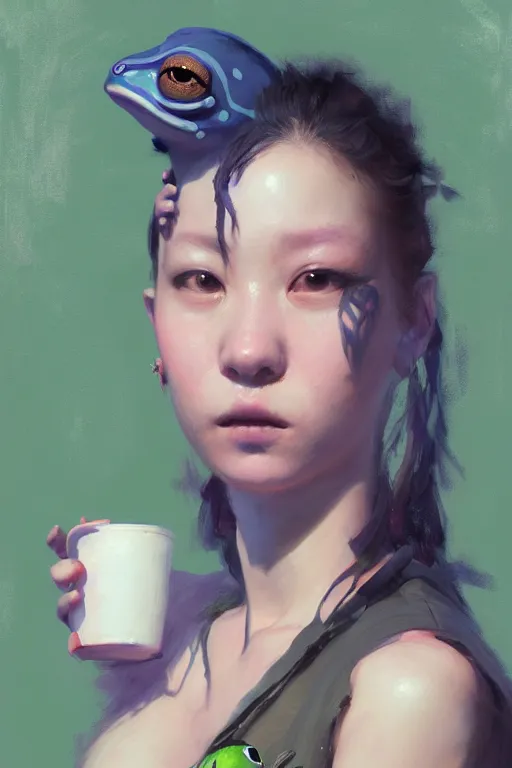 Prompt: portrait of a punk girl on a date with pepe! the frog! drinking coffee in the style of fenghua zhong and ruan jia and jeremy lipking and peter mohrbacher, extremely detailed digital painting, 8 k