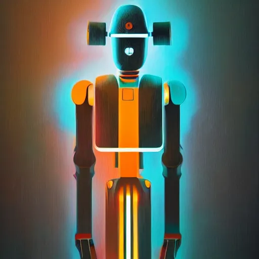 Prompt: portrait of a robot, colorful, modern art deco, mads berg, karolis strautniekas, christopher balaskas, stippled light, fog, moody, fine texture, editorial illustration, dramatic lighting, dynamic composition, detailed, matte print, dynamic perspective, muted color