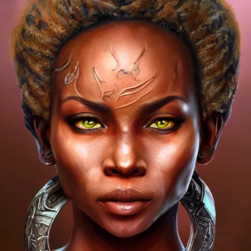 Image similar to beautiful, very strong, african american, female, middle aged, face, no makeup, no tattoos, warrior, battle hardened, head shot, fantasy, highly detailed, digital painting, artstation, concept art, smooth, sharp focus, illustration, art by jodie muir and brom