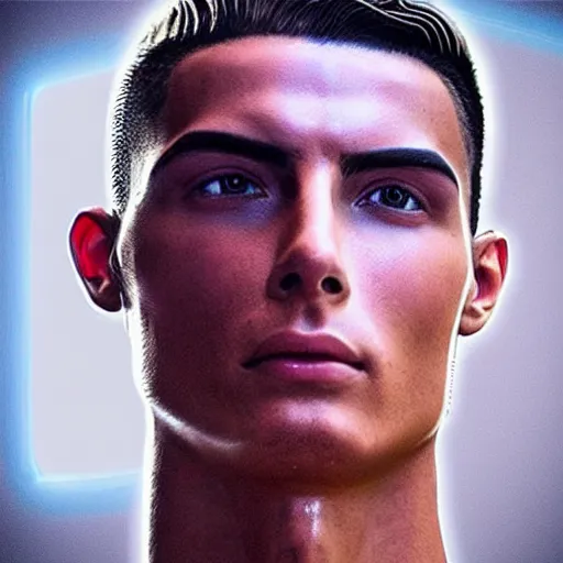 Prompt: “a realistic detailed photo of a guy who is an attractive humanoid who is half robot and half humanoid, who is a male android, Cristiano Ronaldo, shiny skin, posing like a statue, blank stare”