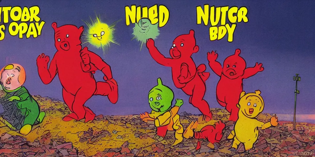 Image similar to the nuclear apocalypse as portrayed by tellytubbies