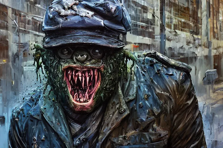 Image similar to palette knife oil painting of a mall security guard turning into a monster of mud and sludge., extreme detail, artstation trending, artgerm, deviant art, octane, substance, art history 8 k