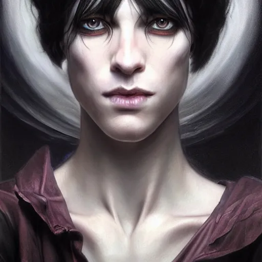 Image similar to portrait painting of an androgynous witch with shoulder length black hair pale skin and beautiful eyes wearing a punk clothes, ultra realistic, concept art, intricate details, eerie, highly detailed, photorealistic, octane render, 8 k, unreal engine. art by artgerm and greg rutkowski and magali villeneuve and alphonse mucha