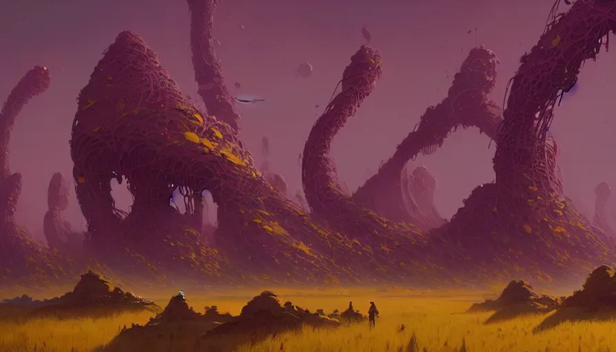 Prompt: highly detailed matte painting of a weird cryptobiological tangled alien landscape by atey ghailan, by greg rutkowski, by greg tocchini, by james gilliard, by joe fenton, purple, brown, black and yellow color scheme, octane render