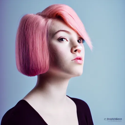 Image similar to a beautiful young woman, pink hair, Kodak portra, symmetrical face, studio lighting