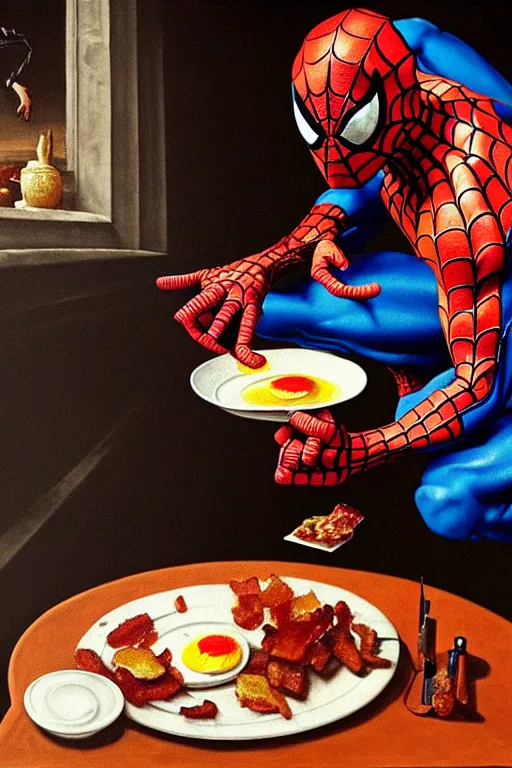 Image similar to spider - man eating fried eggs and bacon, oil painting, high detail, dark lighting, atmospheric, extremely detailed, intricate, da vinci, michelangelo, caravaggio, hans holbein, raphael, donatello, 8 k