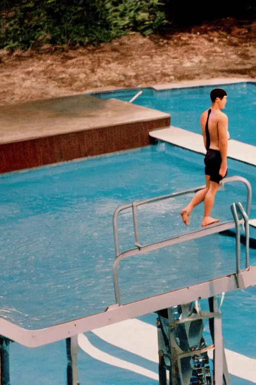 Prompt: close up still shot of young nick jonas standing on the diving board, 3 5 mm, highly detailed, disney channel original movie camp rock, dynamic lighting