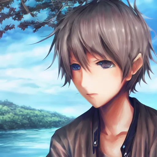 Image similar to cute anime boy standing by a large river,detailed face,detailed eyes, digital art , highly detailed , high contrast, beautiful lighting, award winning , trending on art station, photorealistic, 8k