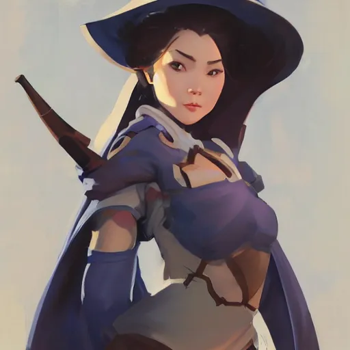 Image similar to greg manchess portrait of partially armored girl sorcerer as overwatch character, matte painting, bold shapes, hard edges, by huang guangjian, gil elvgren, sachin teng. in a beautiful landscape full of emotions, cgsociety masterpiece, artstation trending, by rossdraws, ghibli, kimi no na wa, greg rutkowski, simon stalberg, greg manchess