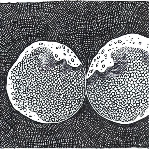 Prompt: an ink drawing of a pair of anthroponomic amoebas meeting each other.