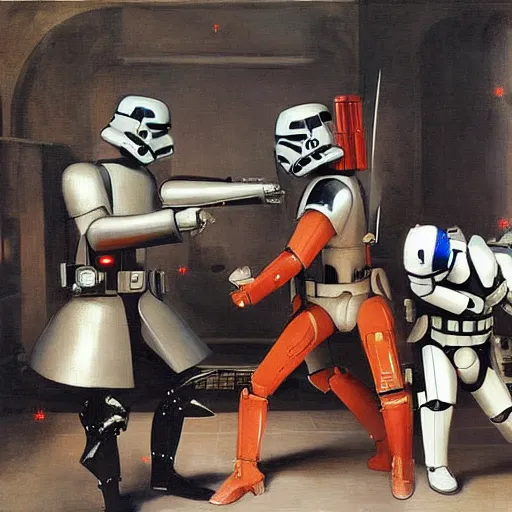 Image similar to starwars battle, epic illumination, laser, robots. Velazquez style painting