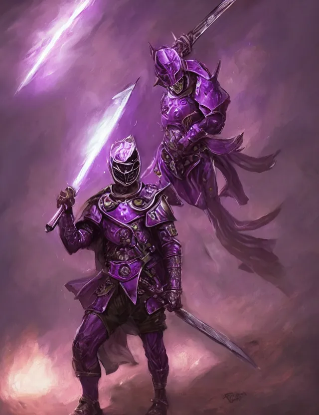 Image similar to a masked warrior in purple armour glowing violet, wielding a large purple sword that flashes with lightning, by frank fazetta and peter mohrbacher, trending on artstation, digital art, 4 k resolution, detailed, high quality, hq artwork, coherent, insane detail, concept art, character concept, character full body portrait