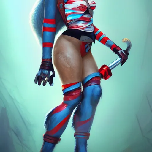 Image similar to Harley Quinn but she's a beautiful ape kid with long pony tails on either side of her head, mayhem, illustration, by James Jean, artgerm, octane render, by John Coltrane and Marc Simonetti, Manic, inspired by Greg rutkowski, colorful, high detail of the face, full body