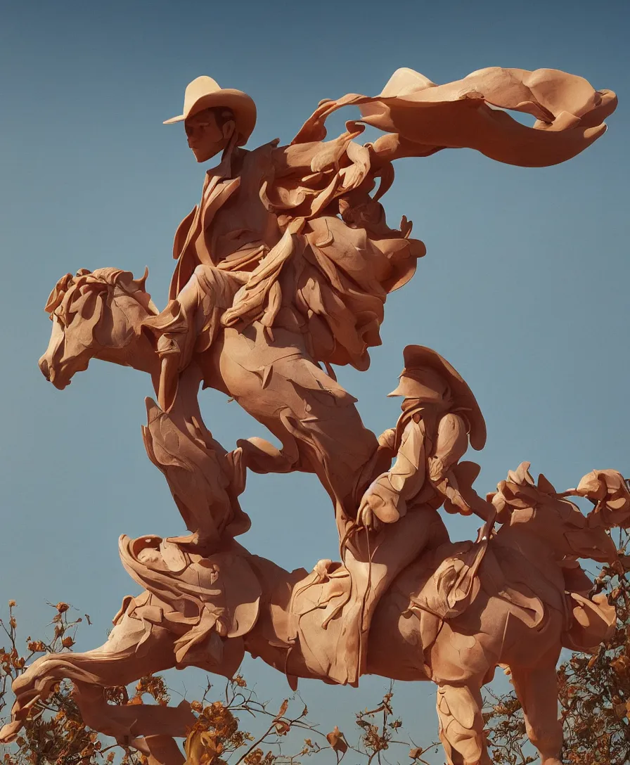 Image similar to a cowboy turning into blooms by slim aarons, by zhang kechun, by lynda benglis. tropical sea slugs, angular sharp tractor tires. complementary bold colors. photo of a manly cowboy. warm soft volumetric dramatic light. national geographic. 8 k, rendered in octane, smooth gradients. angular sculpture by antonio canova by gian lorenzo bernini.