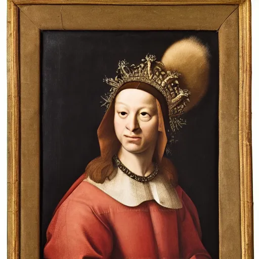 Image similar to renaissance style portrait of a chamois wearing a crown and a cape, dark background