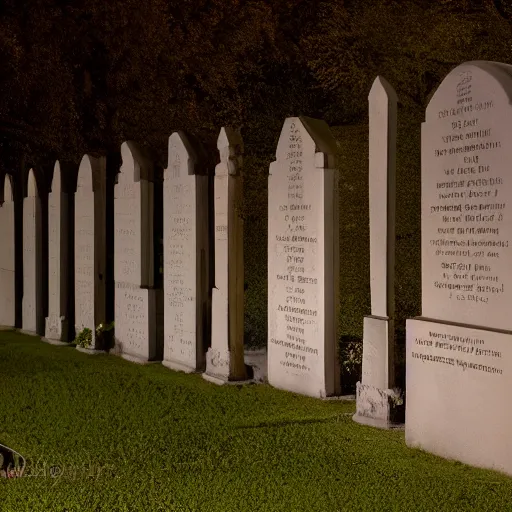 Prompt: photograph of a cementery at night, scultures, graves