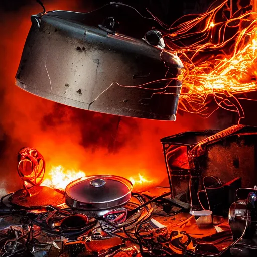 Image similar to red hot frying pan with bacon, tangles of metallic cables, dark messy smoke - filled cluttered workshop, dark, dramatic lighting, orange tint, sparks, plasma charges, cinematic, highly detailed, sci - fi, futuristic, movie still