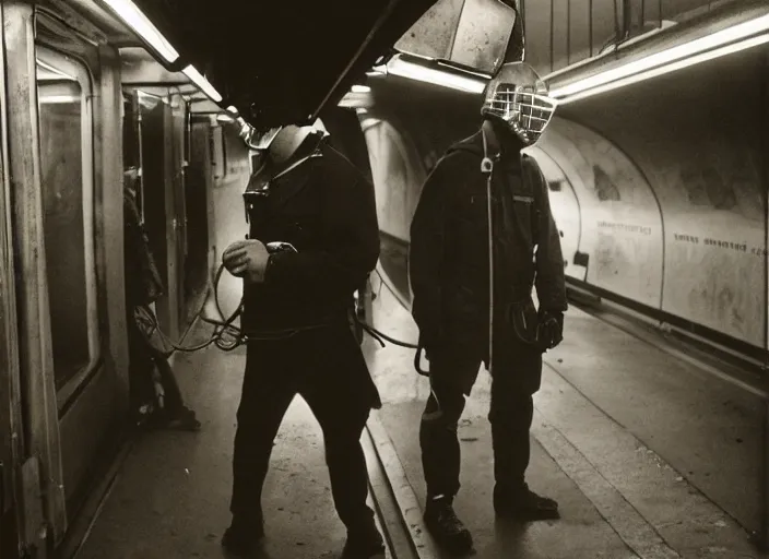 Prompt: welder in welding mask in a subway, ominous lighting, by richard avedon, tri - x pan stock