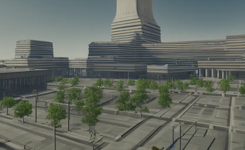 Image similar to screenshot of game on unreal engine 5, a large government building with a security checkpoint, no windows, garden terraces, inner city, photorealistic, retrofuturism, brutalism, minimalist, soft vintage glow