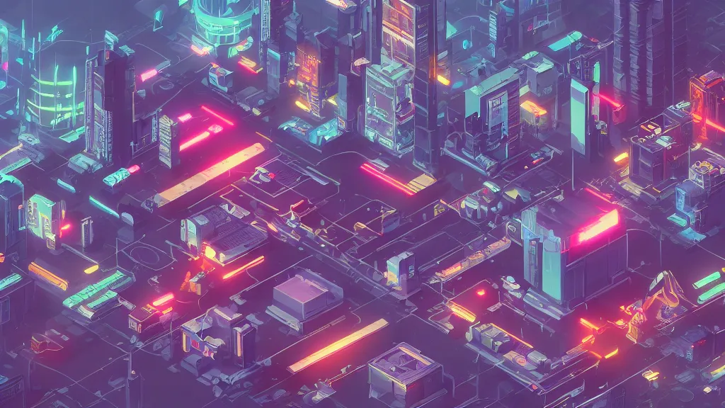 Prompt: isometric view of cyberpunk city Digital art, concept art, detailed, lovely colors, Art station , 2D , 4K,