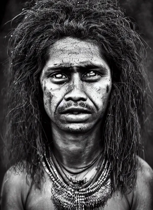 Image similar to Award winning Editorial photo of a Native Nauruans with incredible hair and beautiful hyper-detailed eyes wearing traditional garb by Lee Jeffries, 85mm ND 5, perfect lighting, gelatin silver process