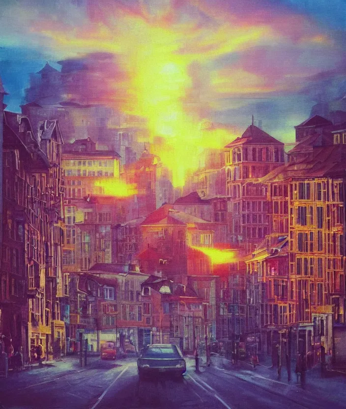 Image similar to An extremely close up shot of the interior of a European City with rays of sunlight bouncing off the buildings, sunrise, sunset, bright yet cool colors, colors and rays of yellow orange red pink purple and blue cover the image, melancholic, nostalgic, cool, epic, oil painting, painting, trending on deviantart, trending on artstation, realistic, polaroid photograph, polaroid, lens blur, photo, realistic, hyperrealistic, very realistic, detailed, very detailed, intriciate detail, intricate details, HD quality, 4k resolution, 8k resolution, in the style of an album cover