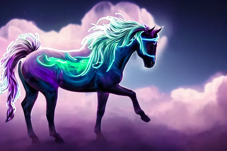 Image similar to a stunning horse with bioluminescent mane and tail running in the clouds by sandra chevrier and greg rutkowski, neon hooves, purple blue color scheme, vaporware, retro, outrun, high key lighting, volumetric light, digital art, highly detailed, fine detail, intricate, ornate, complex, octane render, unreal engine, photorealistic