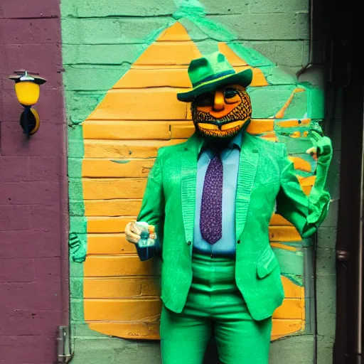 Prompt: Green man with a smug face and a fedora, wearing colorful outfit, uneven arms, in an alleyway, photo