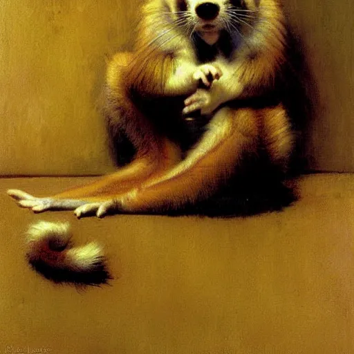 Image similar to a portrait of a furry ferret wearing clothes, hairy, furry body, furry arms, feet, tail. highly detailed painting by gaston bussiere, craig mullins, j. c. leyendecker, furry